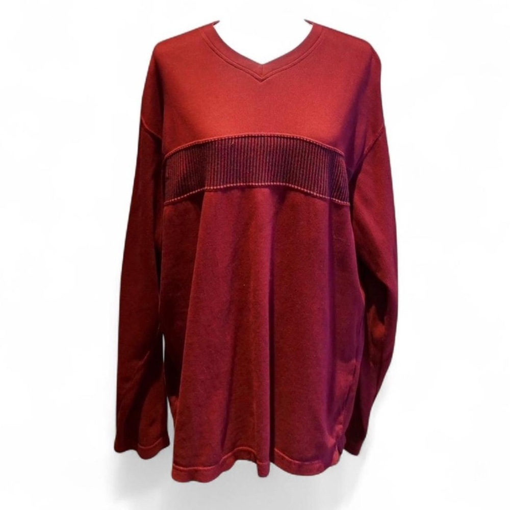 💚 VINTAGE CHAPS | RALPH LAUREN Red V-Neck Stripe Sweater (L)